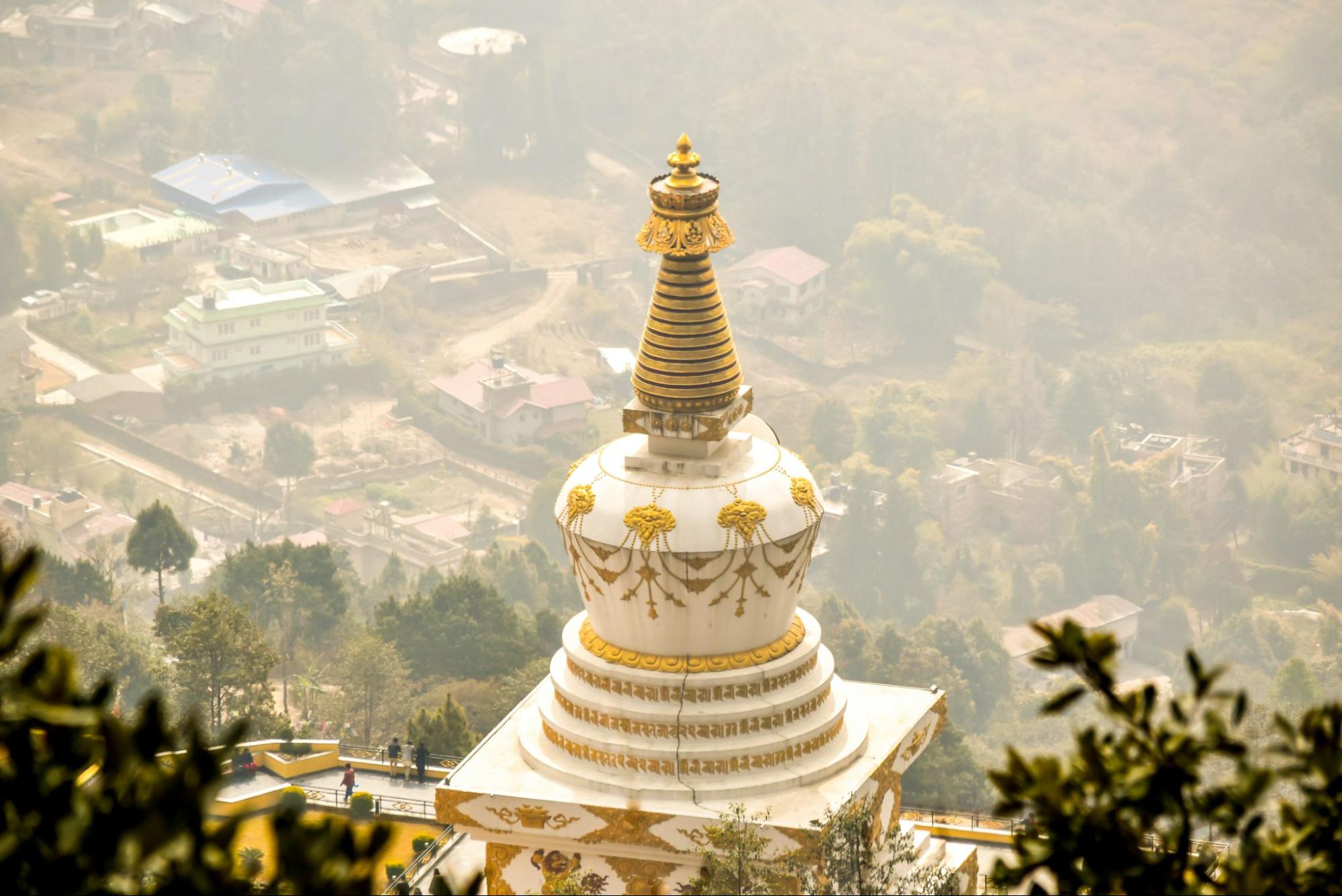 A golden-topped Buddhist stupa surrounded by trees
