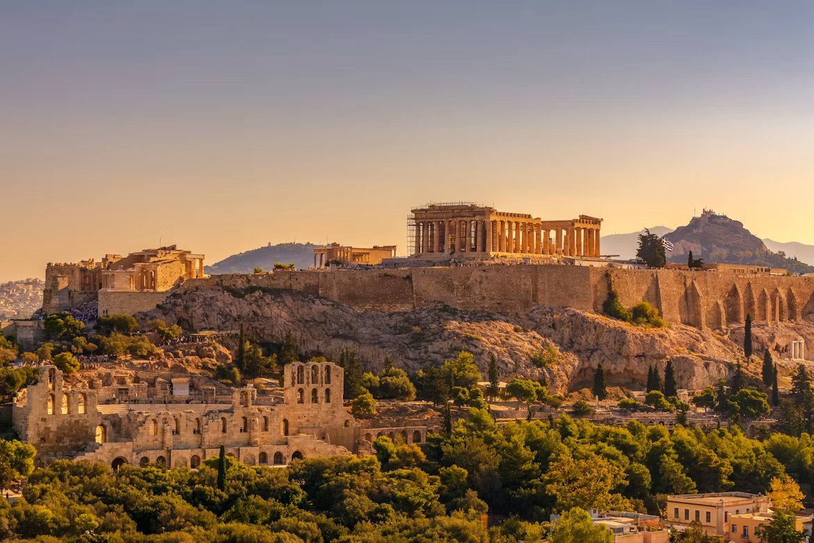 View of the Acropolis of Athens during sunset
