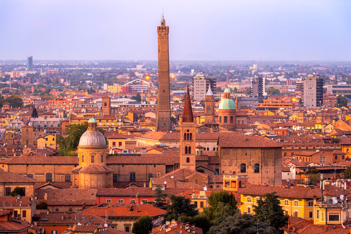 Red rooftops and medieval towers in Bologna’s old town
