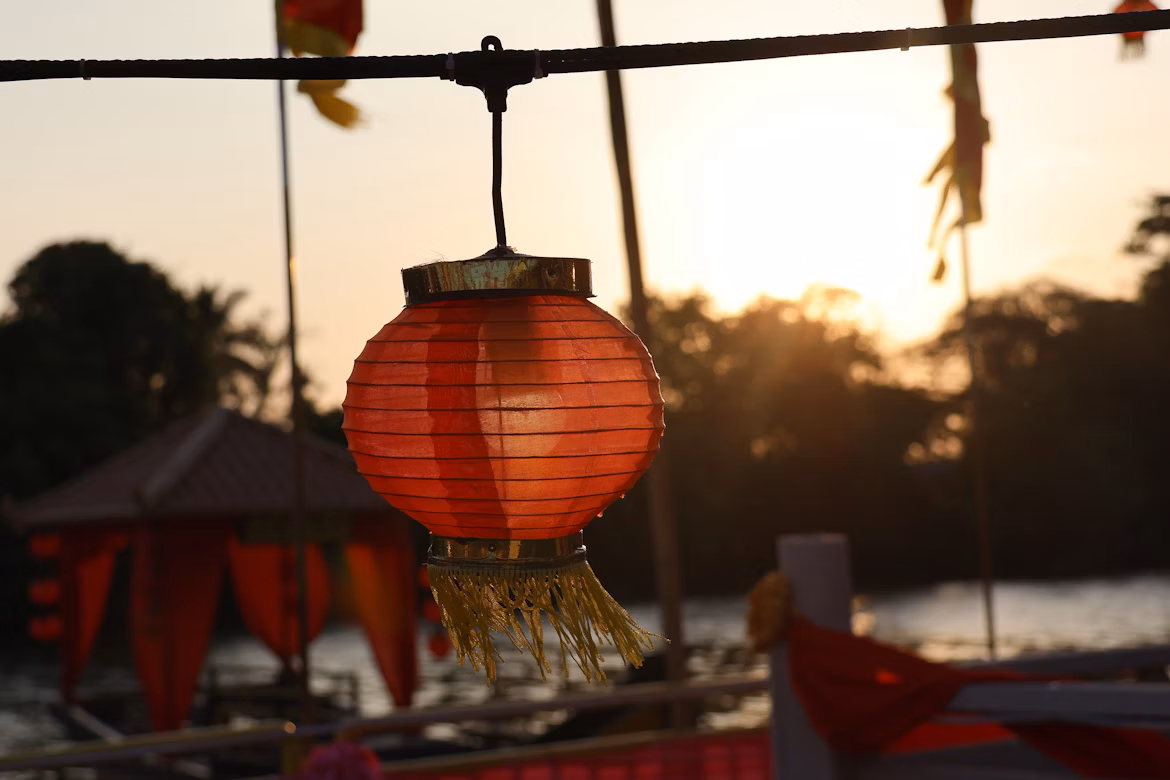 Festive lanterns in a Malaysian temple during Deepavali