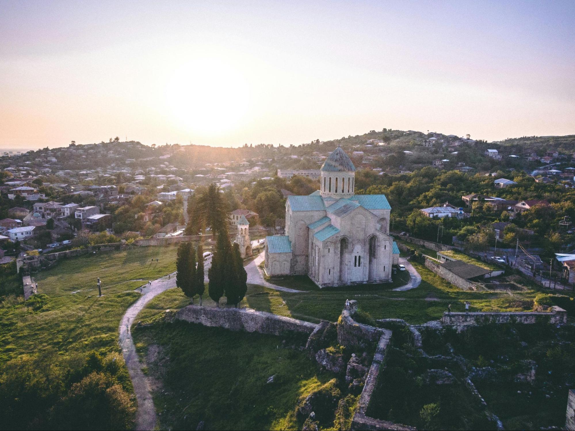 Kutaisi cityscape with the Rioni River and Bagrati Cathedral