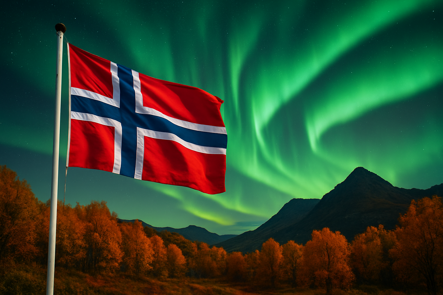 Norwegian flag waving under Northern Lights with autumn-colored landscape.