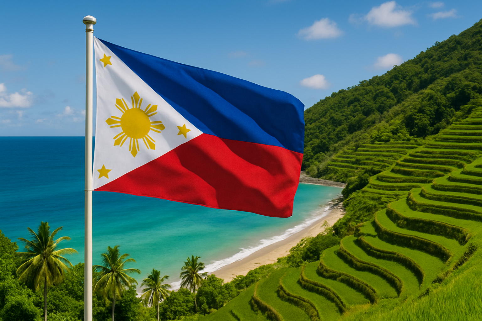 Philippine flag waving with a tropical beach and rice terraces in the background.