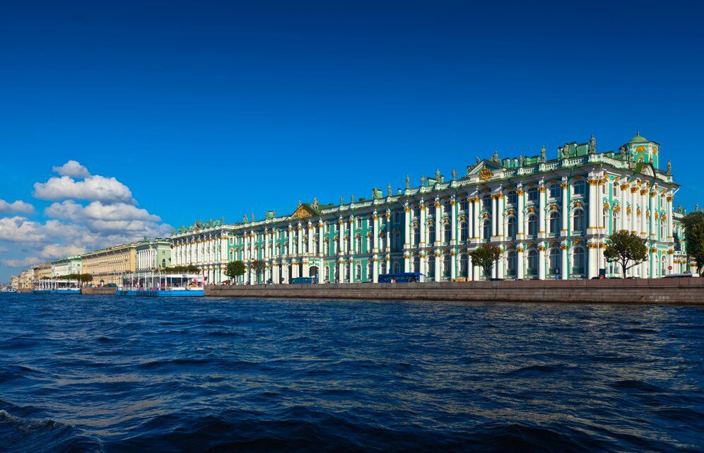 The majestic Winter Palace overlooking the Neva River in St. Petersburg