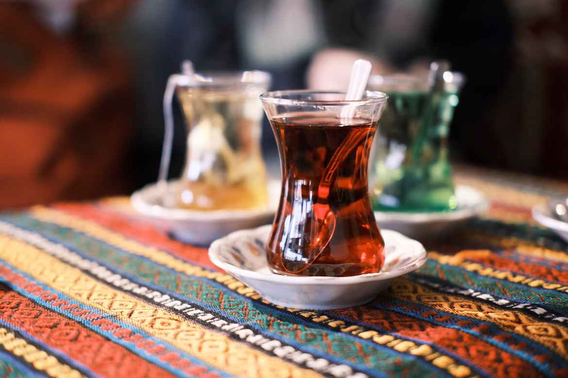 Turkish Tea Served in Traditional Curved Glasses
