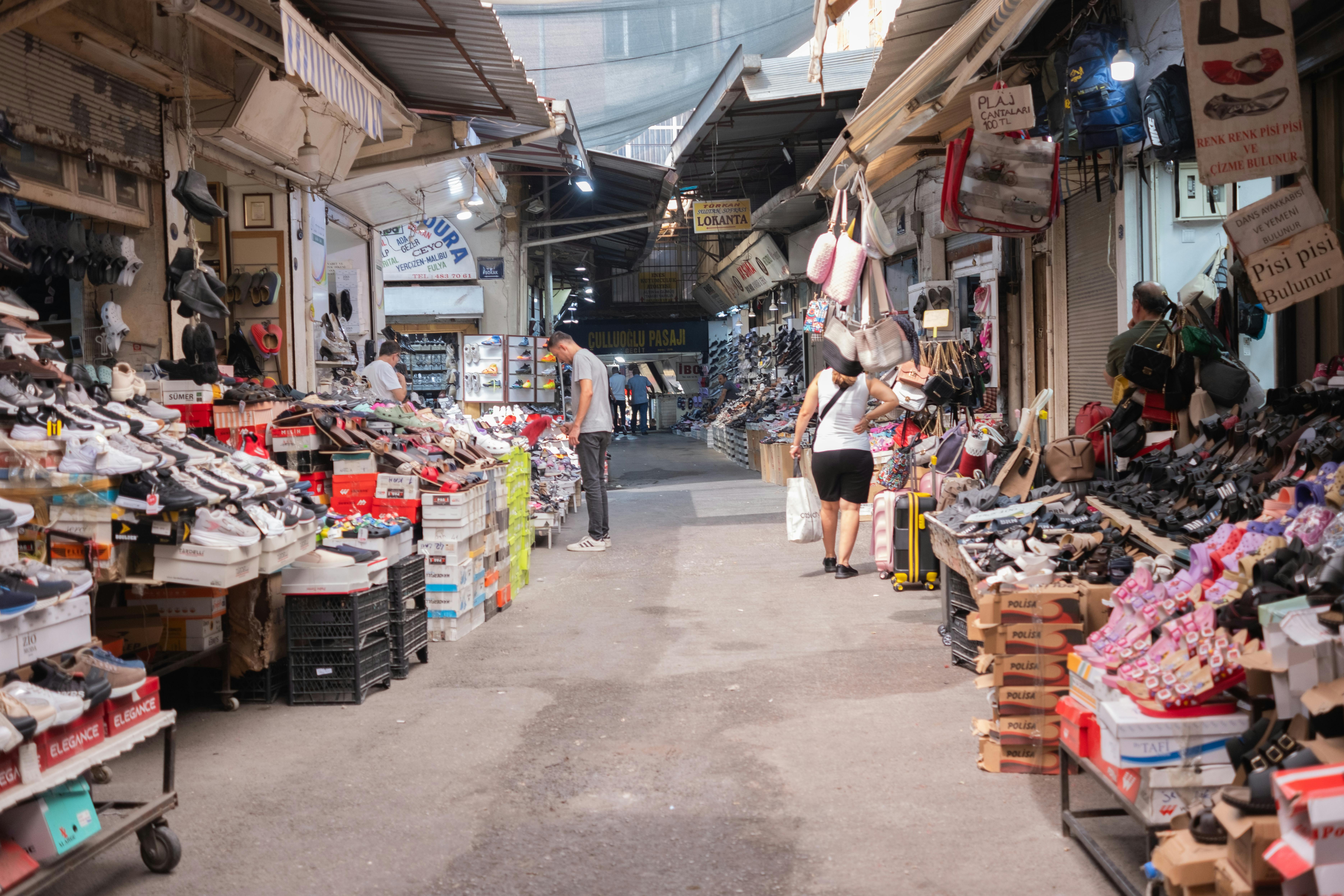 Market alley with clothing stalls in İzmir, Turkey