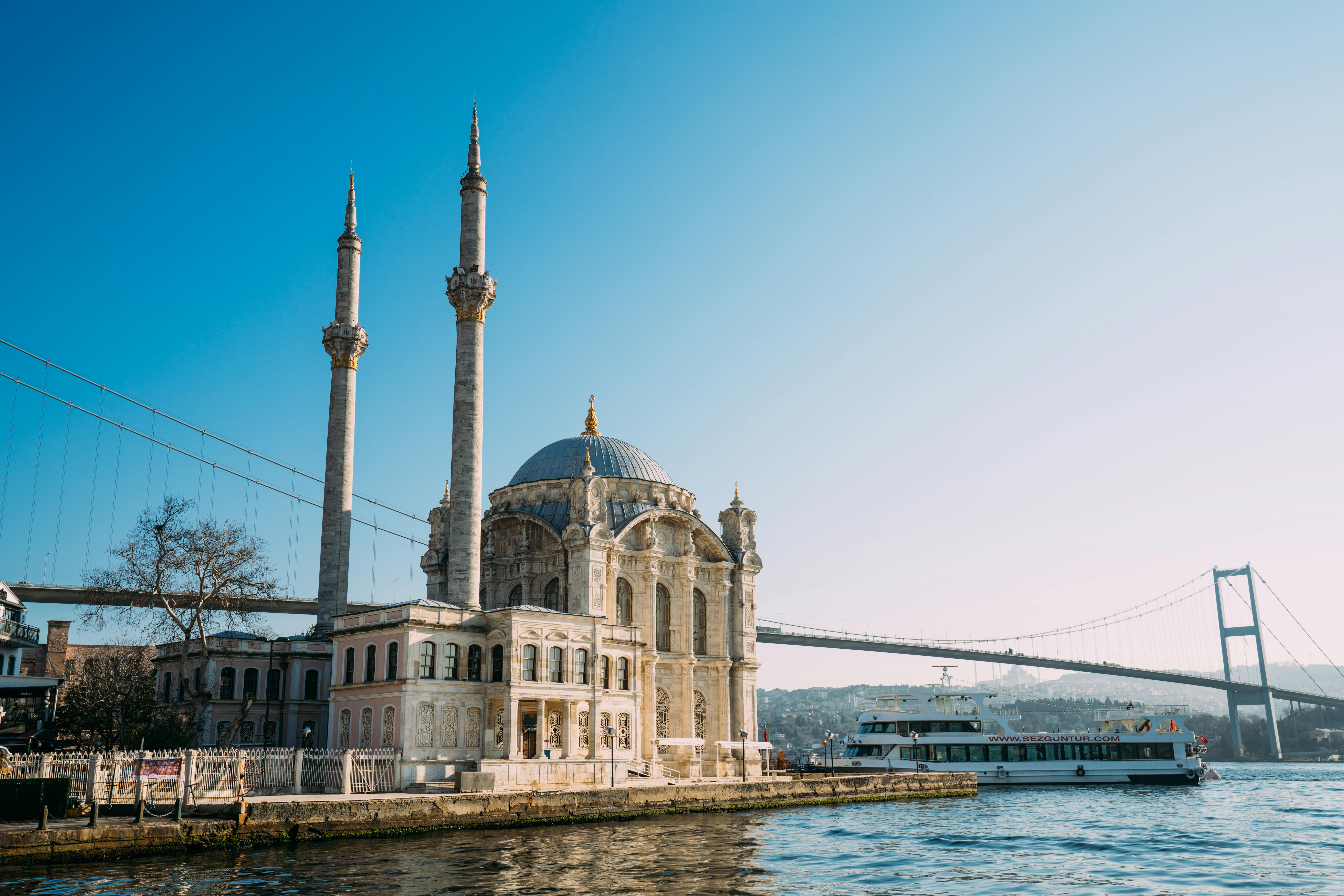 Mosque by a suspension bridge in Istanbul, Turkey