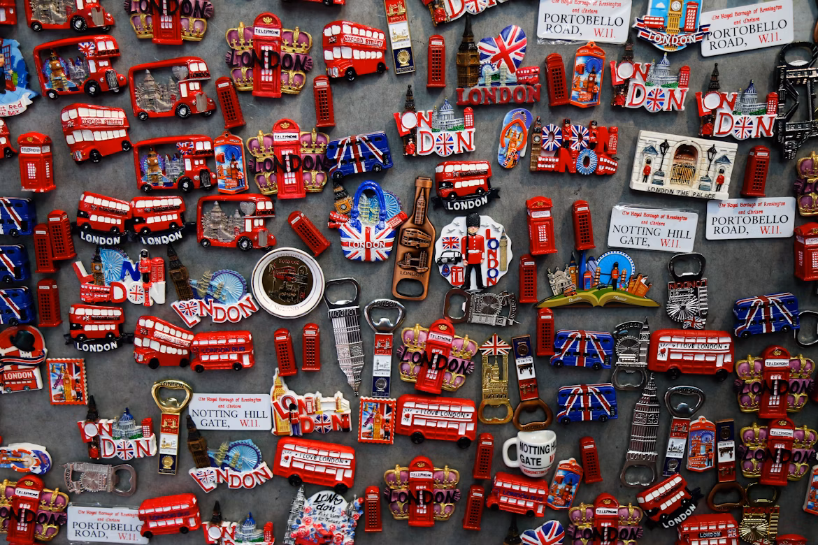 Colorful Union Jack-Themed Souvenirs on Display in a London Shop 
